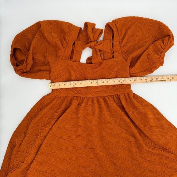 Free People Mini Dress Boho M Orange Textured Puff Sleeve Tie Back Square Neck - Picture 5 of 10